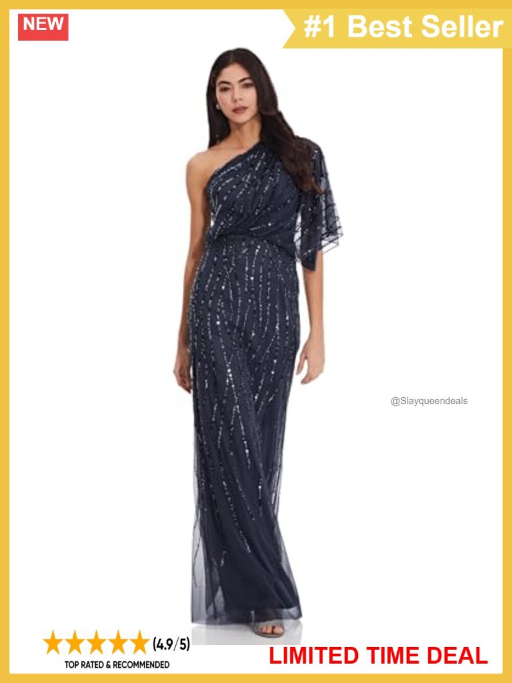 Long Beaded Mermaid Gown One-Shoulder Flutter Sleeve Formal Dress